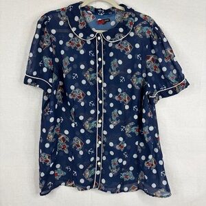 Hell Bunny size 3X Nautical Polkadot tattoo print button up short sleeve blouse